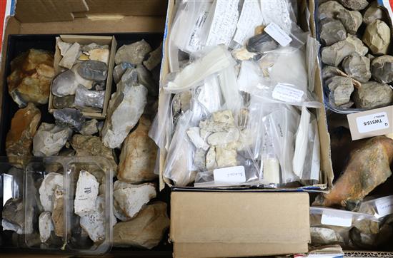 An Acheulean cleaver, Longham Pit and a large collection of prehistoric knapped flint tools,